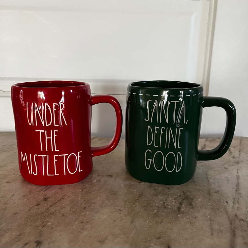 Rae Dunn Red ‘Under the Mistletoe’ and Green ‘Santa Define Good’ Mugs Set